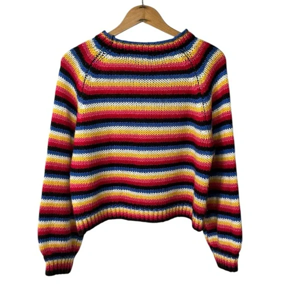 Golden Days Paris | Women’s rainbow tripped balloon sleeve pullover sweater, OS - Picture 14 of 16